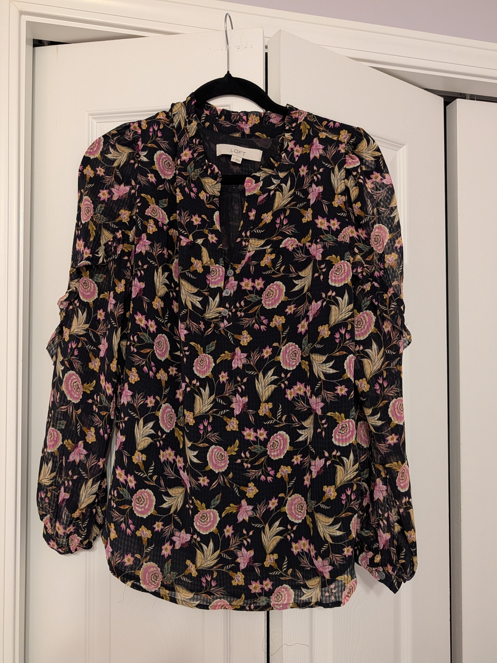 LOFT Black Floral Split-Neck Long Sleeve Blouse - Pink & Cream Roses